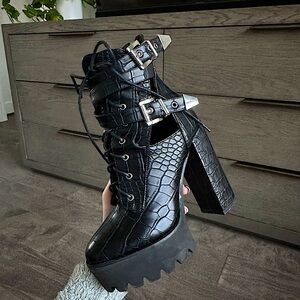 Simmi London leather cutout platform ankle boot with buckles and ties